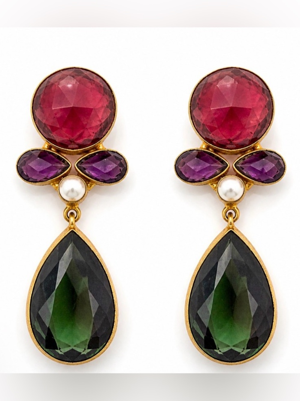 Ottoman Hands gold plated statement dangle earrings – tourmaline amethyst pearl